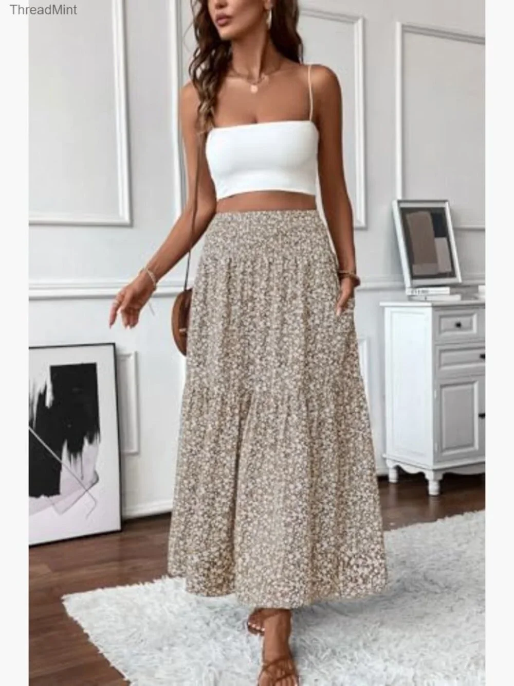 Women's Smocked High Waist Maxi Skirt Casual Boho Long Skirts with Pockets - Picture 5 of 7